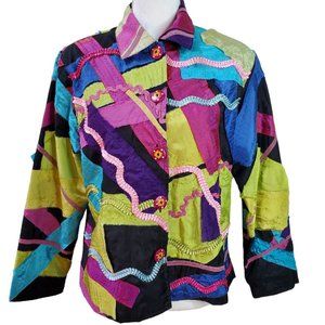 Vintage Choices Womens Jacket Size M Multicolored Ruffled Ribbon Wooden Buttons
